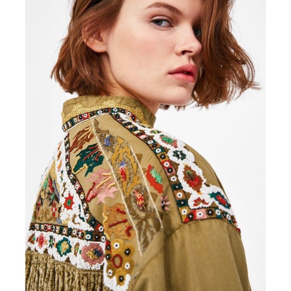 ZARA WOMAN Outerwear Embroidered Beaded Fringed Jacket w Decorative Trim Sz Sm